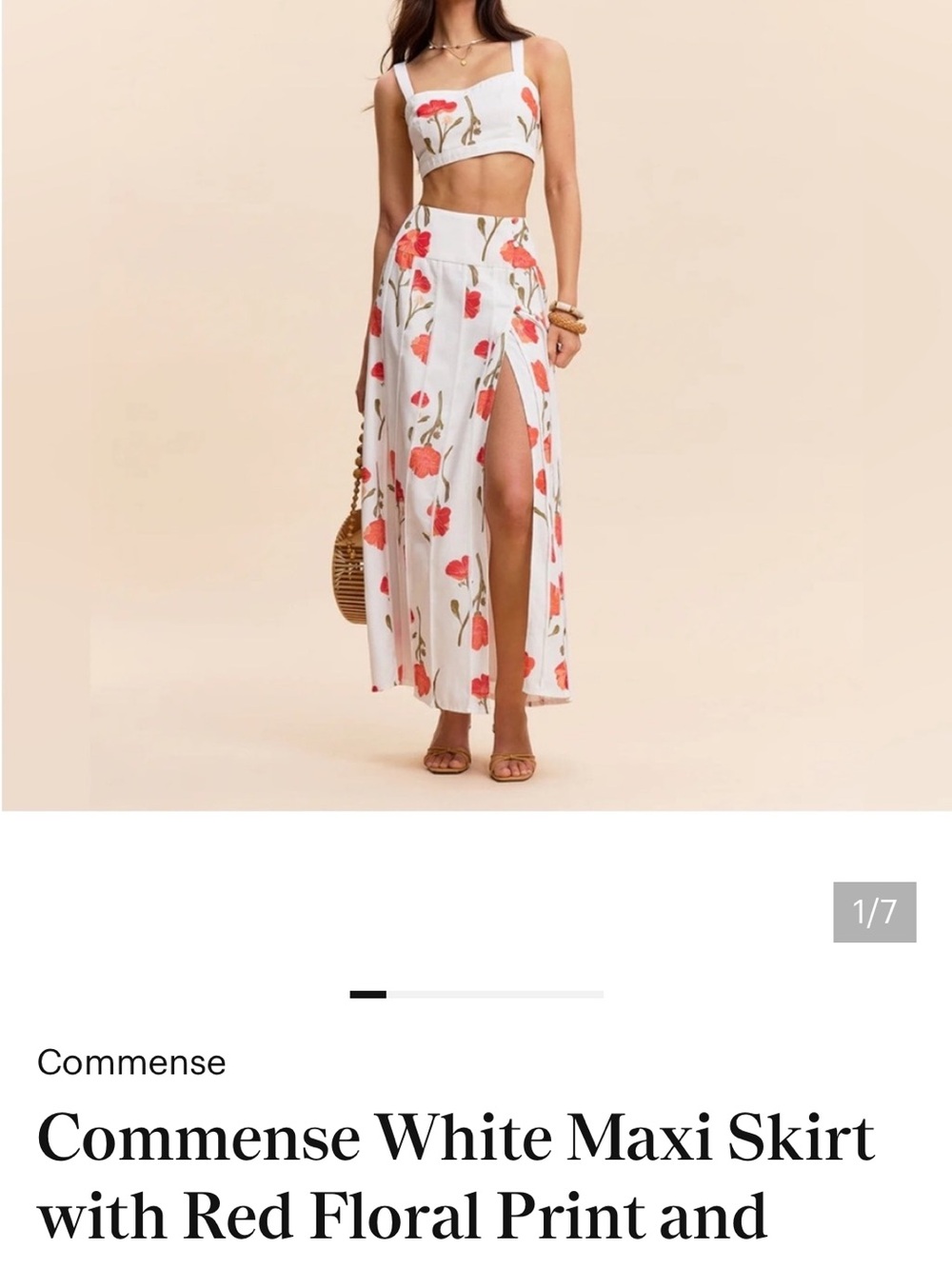Commense White Maxi Skirt with Red Floral Slits